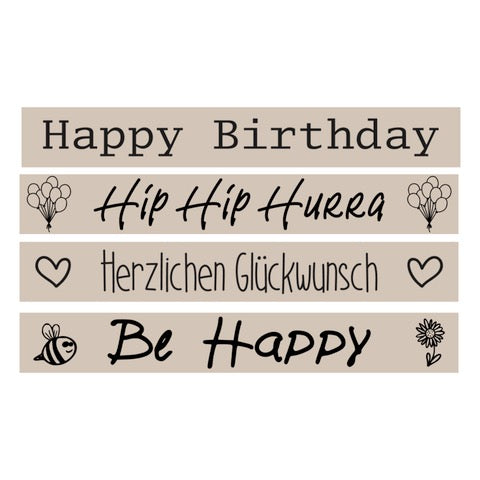 Bunte und fröhliche Schriftzüge für Geburtstagswünsche von easy-sticks: 'Happy Birthday', 'Hip Hip Hurra', 'Herzlichen Glückwunsch', und 'Be Happy'. Ideal für Plotter- und Lasergravur-Dateien.