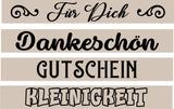 Gestalte besondere Geschenke mit Plotter- & Lasergravur Dateien von easy-sticks. Stylische Schriftzüge wie 'Für Dich', 'Dankeschön', 'Gutschein' und 'Kleinigkeit' auf einem beige Hintergrund. Ideal für kreative DIY-Projekte.