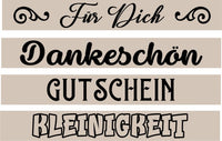 Gestalte besondere Geschenke mit Plotter- & Lasergravur Dateien von easy-sticks. Stylische Schriftzüge wie 'Für Dich', 'Dankeschön', 'Gutschein' und 'Kleinigkeit' auf einem beige Hintergrund. Ideal für kreative DIY-Projekte.