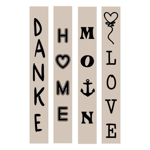 Hochkant Plotter- und Lasergravur Datei von easy-sticks mit den Worten DANKE, HOME, MOIN und LOVE in stilvollem Design.