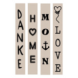 Hochkant Plotter- und Lasergravur Datei von easy-sticks mit den Worten DANKE, HOME, MOIN und LOVE in stilvollem Design.