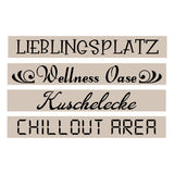 Stylische Schriftzüge mit den Begriffen 'Lieblingsplatz', 'Wellness Oase', 'Kuschelecke' und 'Chillout Area' auf einem beige Hintergrund. Ideal für DIY-Projekte mit Plotter- und Lasergravur-Dateien von easy-sticks.