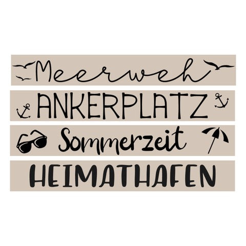 Gestaltete Holzschilder mit den Begriffen 'Meerweh', 'Ankerplatz', 'Sommerzeit' und 'Heimathafen', ideal für DIY-Projekte von easy-sticks. Plotter- und Lasergravur Dateien für den Sommer.