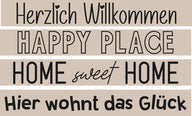 Wanddekor mit Sprüchen "Herzlich Willkommen", "Happy Place", "Home sweet Home" und "Hier wohnt das Glück" im Design von easy-sticks, ideal für ein einladendes Zuhause.