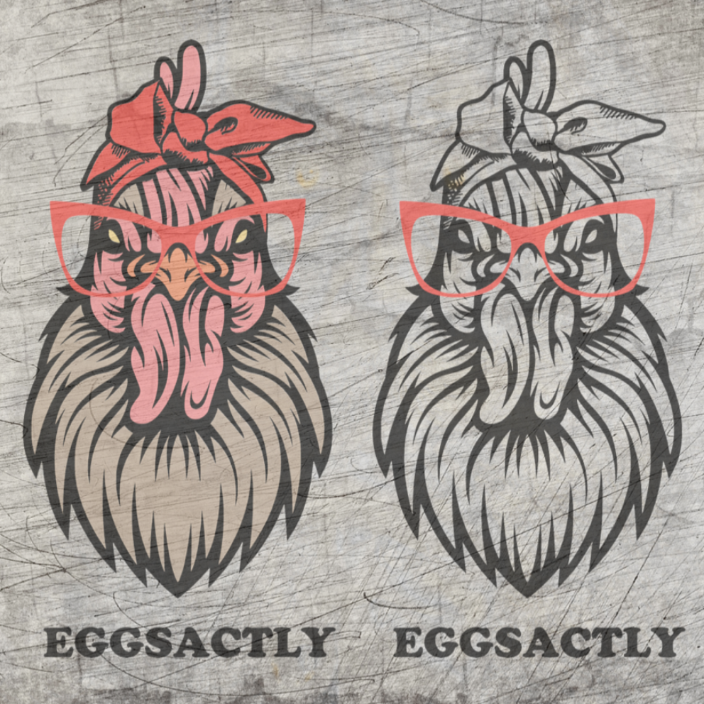 Kreative Darstellung der "EGGSACTLY" Plotterdatei von easy-sticks, präsentiert mit einer humorvollen Hühnerillustration in unterschiedlichen Farben, ideal für kreative Projekte.
