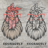 Kreative Darstellung der "EGGSACTLY" Plotterdatei von easy-sticks, präsentiert mit einer humorvollen Hühnerillustration in unterschiedlichen Farben, ideal für kreative Projekte.
