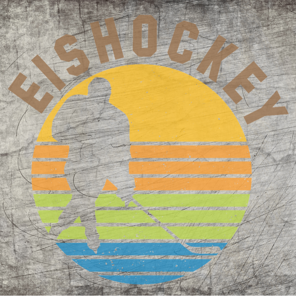 Eishockey Plotterdatei von easy-sticks - stilvolles Design mit einem Eishockeyspieler vor bunten Streifen in Orange, Blau, Grün und Gelb, ideal für kreative DIY-Projekte.