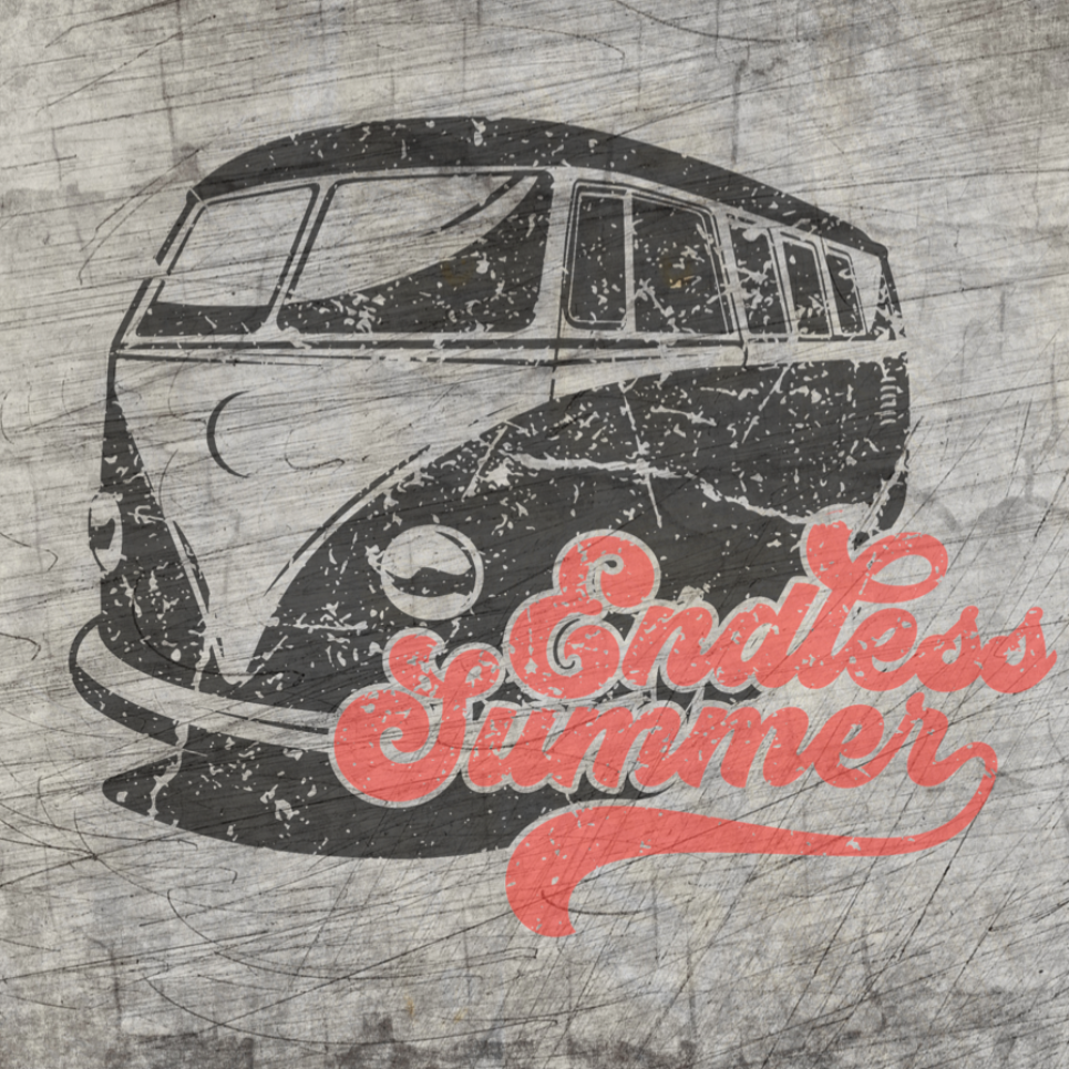 Kreatives Artwork des "Endless Summer Bulli" von Easy-Sticks, das einen vintage VW-Bus in schwarz mit rotem Schriftzug zeigt.