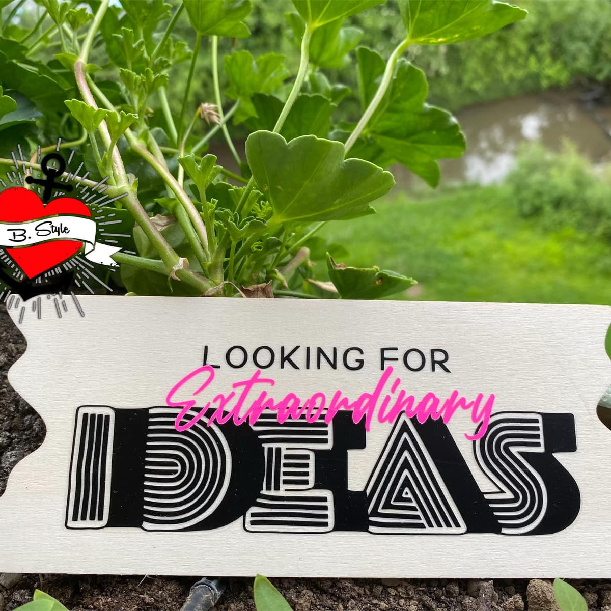Holzschild mit dem Text 'Looking for extraordinary Ideas' in auffälliger Schrift, umgeben von grünen Pflanzen. Ideal für kreative Projekte mit der Plotterdatei von easy-sticks.