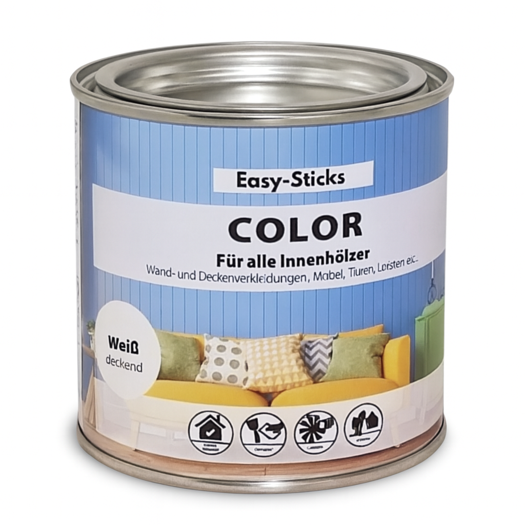 Easy-Sticks Color Holzlasur - Weiß Deckend in der Dose, ideal für kreative Innenprojekte, Möbel und Holzoberflächen.