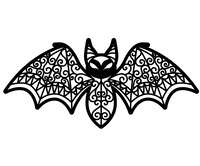 Illustration einer eleganten Fledermaus mit kunstvollen, geschwungenen Mustern in Schwarz, entworfen von Easy-Sticks, perfekt geeignet für Grußkarten und kreative DIY-Projekte, verfügbar in der Fledermaus Plotter und Laserdatei mit und ohne Easy-Sticks Ständer.