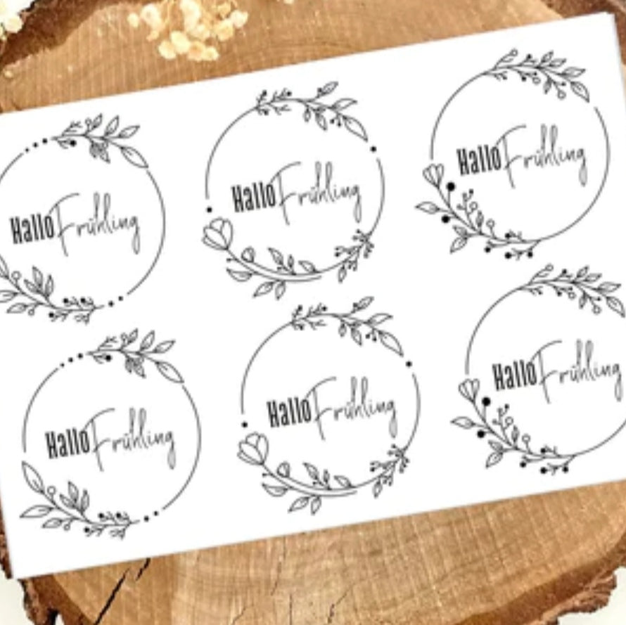 Rub on UV Sticker 'Hallo Frühling' von easy-sticks mit floralen Motiven und einladender Schrift, ideal für kreative DIY-Projekte.