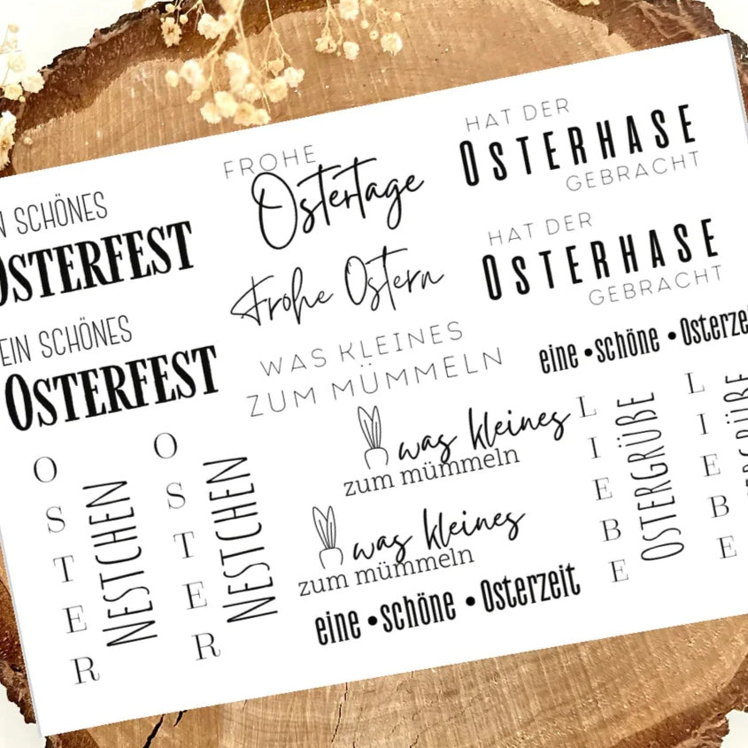 Rub on UV Sticker randlos Ostern von easy-sticks: Ein kreatives Design mit verschiedenen Oster-Grußtexten, perfekt für DIY-Projekte und Osterdekoration in stilvollem Schwarz-Weiß.