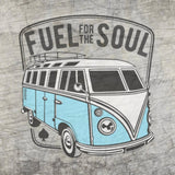 Illustration eines blauen Vintage-Busses mit dem Schriftzug 'Fuel for the Soul', ideal für kreative Projekte mit der Fuel for the soul Laserdatei von easy-sticks.
