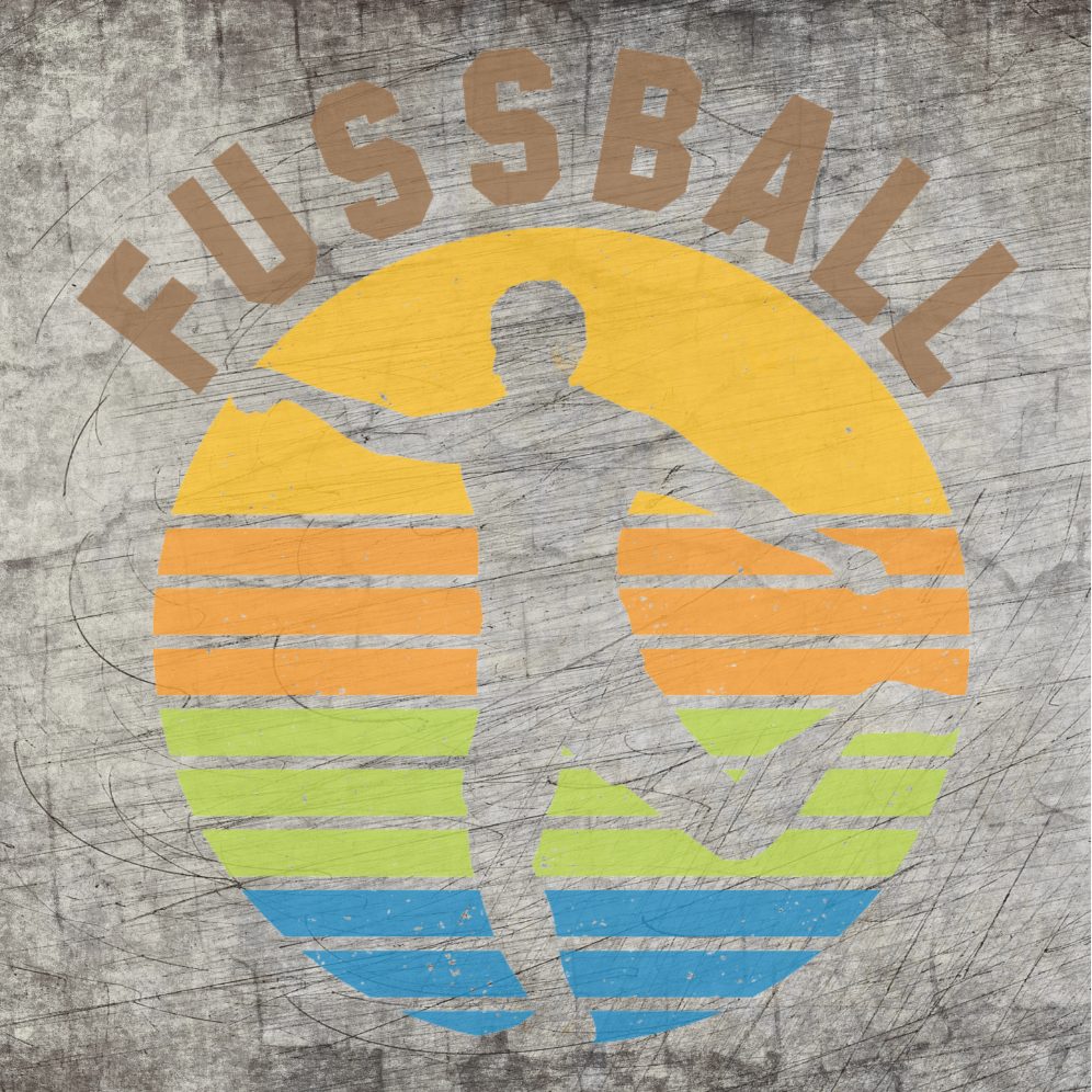 Fussball Plotterdatei von easy-sticks, kreatives Design mit einem fußballspielenden Silhouette vor bunten Linien in einem runden, vintage-inspirierten Layout.