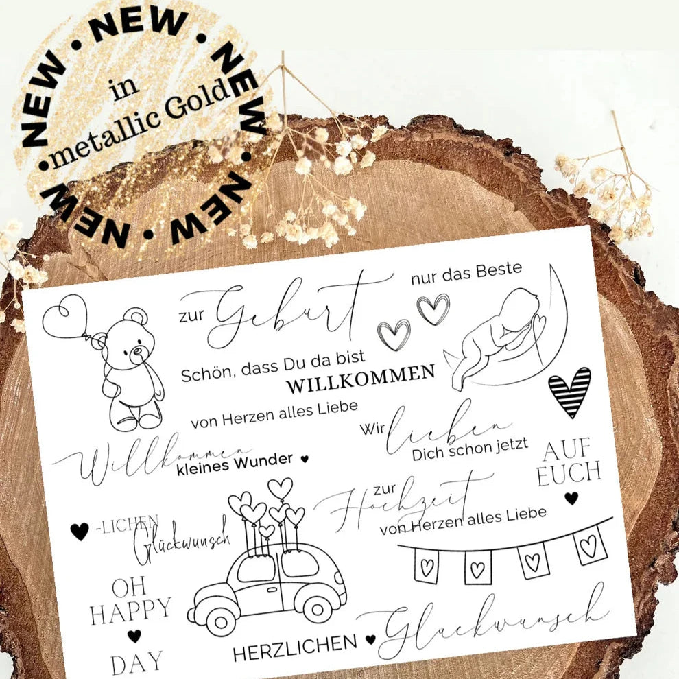 Schwarze Rub On Sticker von easy-sticks, die zur dekorativen Verschönerung von Geschenken zur Geburt und Hochzeit verwendet werden können, mit entzückenden Illustrationen und herzlichen Botschaften.