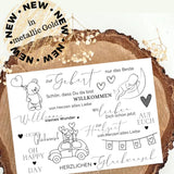 Schwarze Rub On Sticker von easy-sticks, die zur dekorativen Verschönerung von Geschenken zur Geburt und Hochzeit verwendet werden können, mit entzückenden Illustrationen und herzlichen Botschaften.