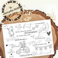 Schwarze Rub On Sticker von easy-sticks, die zur dekorativen Verschönerung von Geschenken zur Geburt und Hochzeit verwendet werden können, mit entzückenden Illustrationen und herzlichen Botschaften.