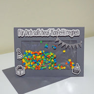 Bunte Konfetti-Karte mit dem Text "Für Dich soll's heut' Konfetti regnen", eine kreative Idee von easy-sticks für individuelle Geburtstagsgrüße.