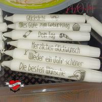 Zeigen Sie kreative Geburtstagskerzen mit liebevollen Sprüchen, ideal für persönliche DIY-Geschenke von easy-sticks, inspiriert von der Geburtstagsgrüße Datei zum Plotten und Drucken.