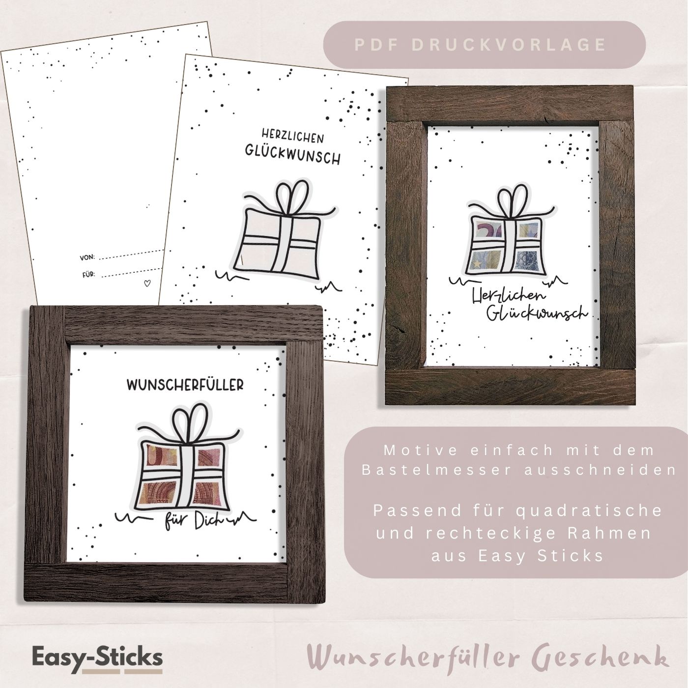 Kreative Geldgeschenk Idee für Geburtstage und Feiern von easy-sticks: PDF Druckvorlage mit Motiven für Geldgeschenke, die einfach ausgeschnitten und in Rahmen platziert werden können.