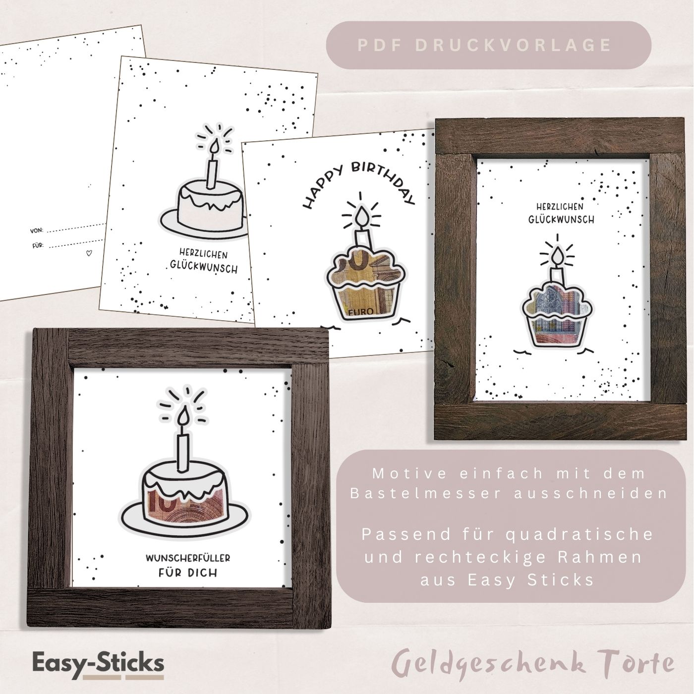 Kreative PDF Druckvorlage für Geldgeschenke von Easy-Sticks. Enthält Motive für Geburtstags- und Hochzeitsgeschenke, darunter ein Geburtstagskuchen und der Schriftzug 'Wunscherfüller für dich'.