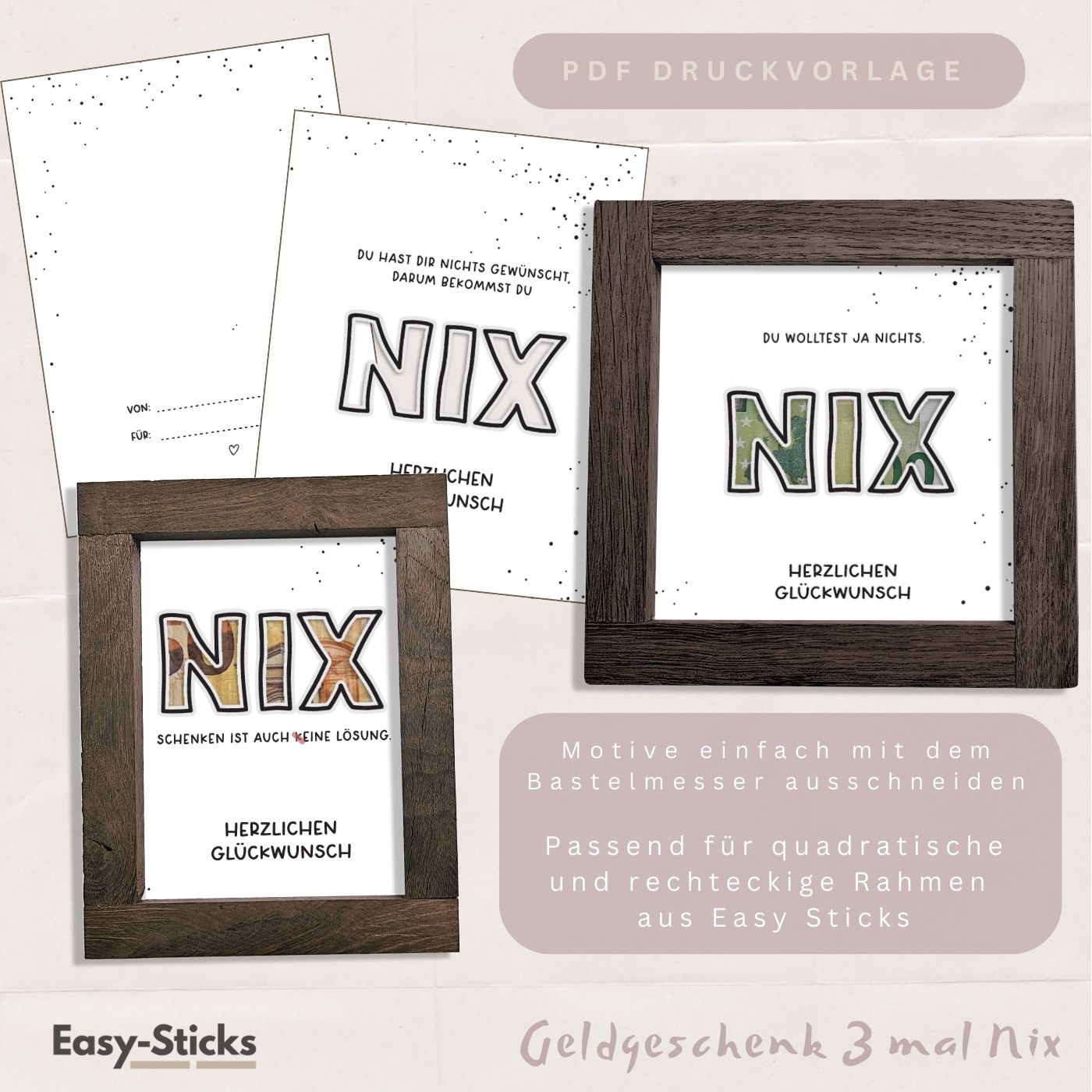 Kreative Geldgeschenk Verpackung mit PDF Druckvorlage von Easy-Sticks. Enthält verschiedene Motive mit humorvollen Sprüchen für Geldgeschenke zu Geburtstags- und Hochzeitsfeiern.