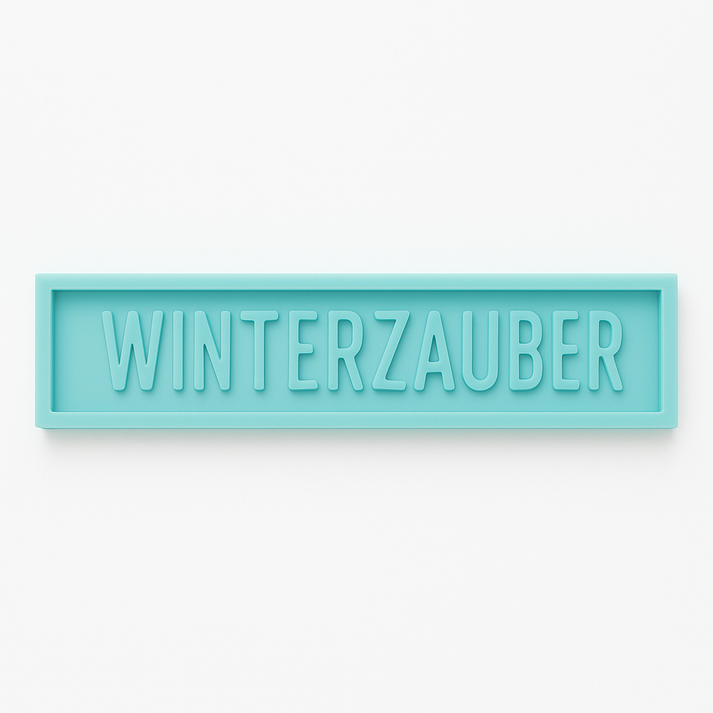 Einfache Silikonform von Easy-Sticks in türkis mit dem Schriftzug WINTERZAUBER, perfekt für einzigartige Weihnachtsdekorationen.