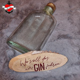 Kreatives GIN-Flaschenetikett auf rustikalem Holz mit dem Spruch 'Wo soll das nur GIN fahren?', designt von easy-sticks.