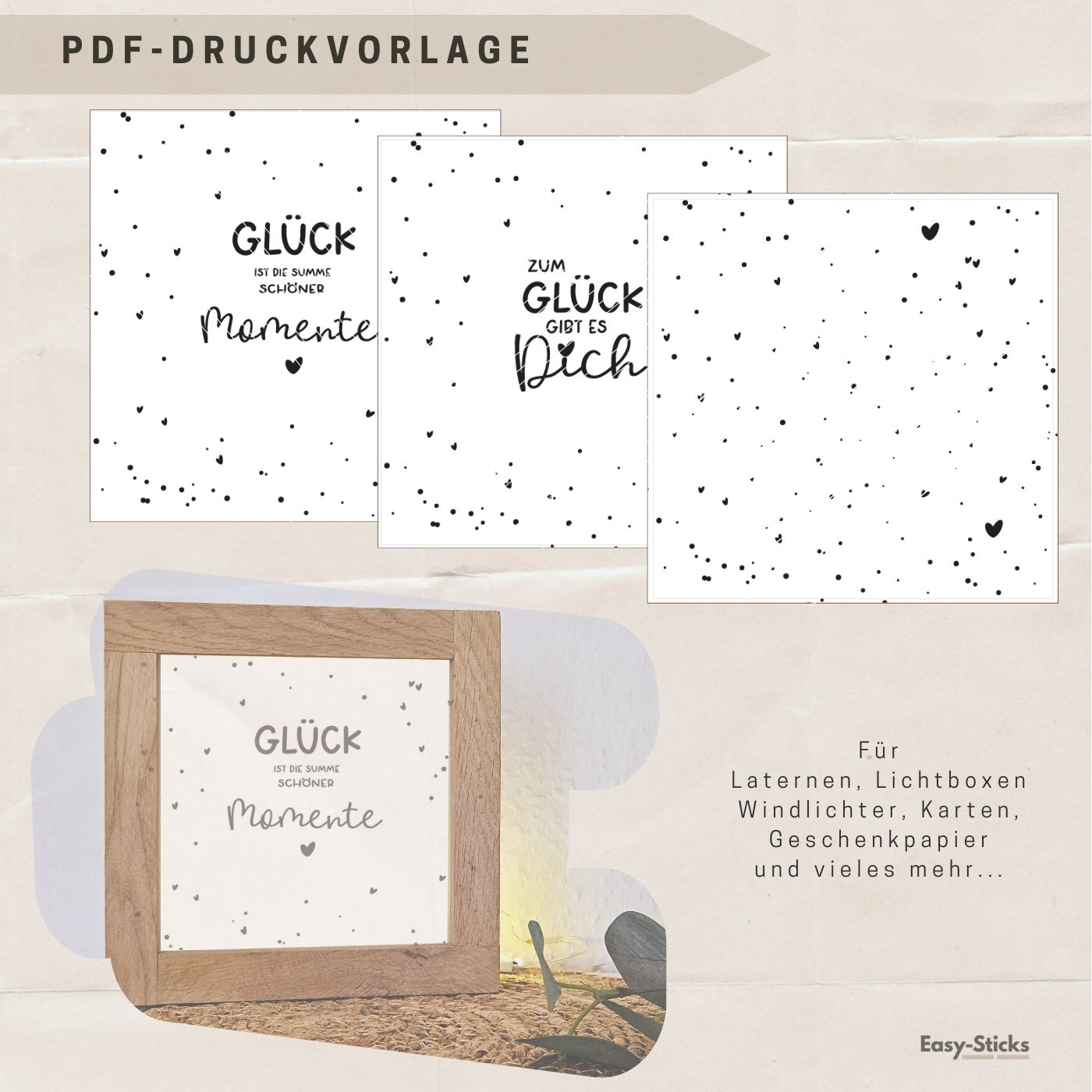 Kreative PDF Druckvorlage von easy-sticks für eine Glücksbox und Glücks-Laterne, mit liebevoll gestalteten schwarz-weißen Schriftzügen und Mustern, ideal zum Basteln von Laternen, Lichtboxen, und mehr.
Glück ist die Summer schöner Momente, zum Glück gibt es dich