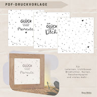 Kreative PDF Druckvorlage von easy-sticks für eine Glücksbox und Glücks-Laterne, mit liebevoll gestalteten schwarz-weißen Schriftzügen und Mustern, ideal zum Basteln von Laternen, Lichtboxen, und mehr.
Glück ist die Summer schöner Momente, zum Glück gibt es dich