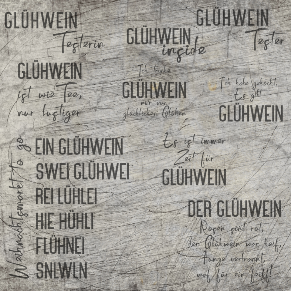 Eine inspirierende Gestaltungsidee mit verschiedenen Glühwein Plottersprüchen aus der Plotterdatei von easy-sticks, die perfekt für kreative DIY-Projekte geeignet ist.