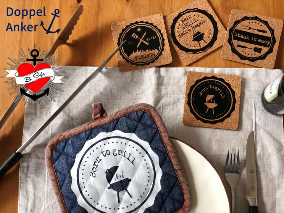 Untersetzter mit Plotterzeichen zum Theama Grillen: Steak it easy, Grill +em all, Kann Spuren von Grillfleisch enthalten, Ich grill Fleisch, Rinderfilet krümelt nicht, Mein Grill Meine Regeln, Born to grill