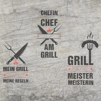 Design der Plotterdatei 'Grill Sprüche' von easy-sticks, zeigt verschiedene Grill-Sprüche, darunter 'Mein Grill Meine Regeln' und 'Grill Meisterin', ideal für kreative DIY-Projekte.