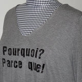 Graues V-Shirt mit dem grunge Schriftzug "Pourquoi? Parce que!", perfektes Beispiel für die Plotterdatei von easy-sticks.