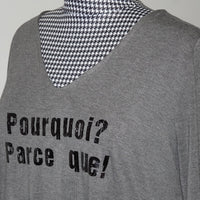 Graues V-Shirt mit dem grunge Schriftzug "Pourquoi? Parce que!", perfektes Beispiel für die Plotterdatei von easy-sticks.