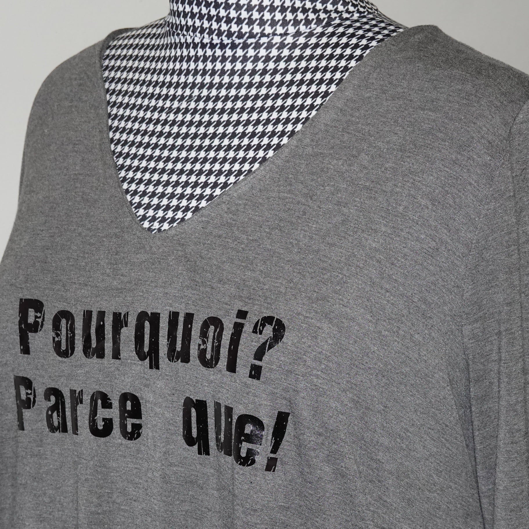 Graues V-Shirt mit dem grunge Schriftzug "Pourquoi? Parce que!", perfektes Beispiel für die Plotterdatei von easy-sticks.