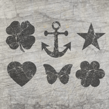 Grunge Formen Plotterdatei von easy-sticks: Silhouetten von Glücksklee, Anker, Stern, Herz, Schmetterling und Blume auf einem grauen Hintergrund für kreative DIY-Projekte.