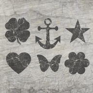 Grunge Formen Plotterdatei von easy-sticks: Silhouetten von Glücksklee, Anker, Stern, Herz, Schmetterling und Blume auf einem grauen Hintergrund für kreative DIY-Projekte.