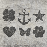 Grunge Formen Plotterdatei von easy-sticks: Silhouetten von Glücksklee, Anker, Stern, Herz, Schmetterling und Blume auf einem grauen Hintergrund für kreative DIY-Projekte.