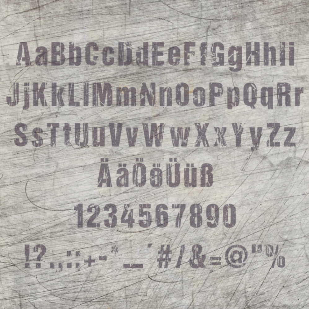 Grunge Schrift Plotterdatei von easy-sticks. Abbildung des kompletten Alphabets und Zahlen im grunge Stil auf einer strukturierten Hintergrundfläche.