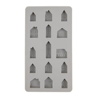 Detailansicht der Silikon Gießform Mini Häuser von easy-sticks, die 15 prächtig gestaltete Mini-Häuschen zeigt, ideal für die Herstellung von Dekorationselementen.
