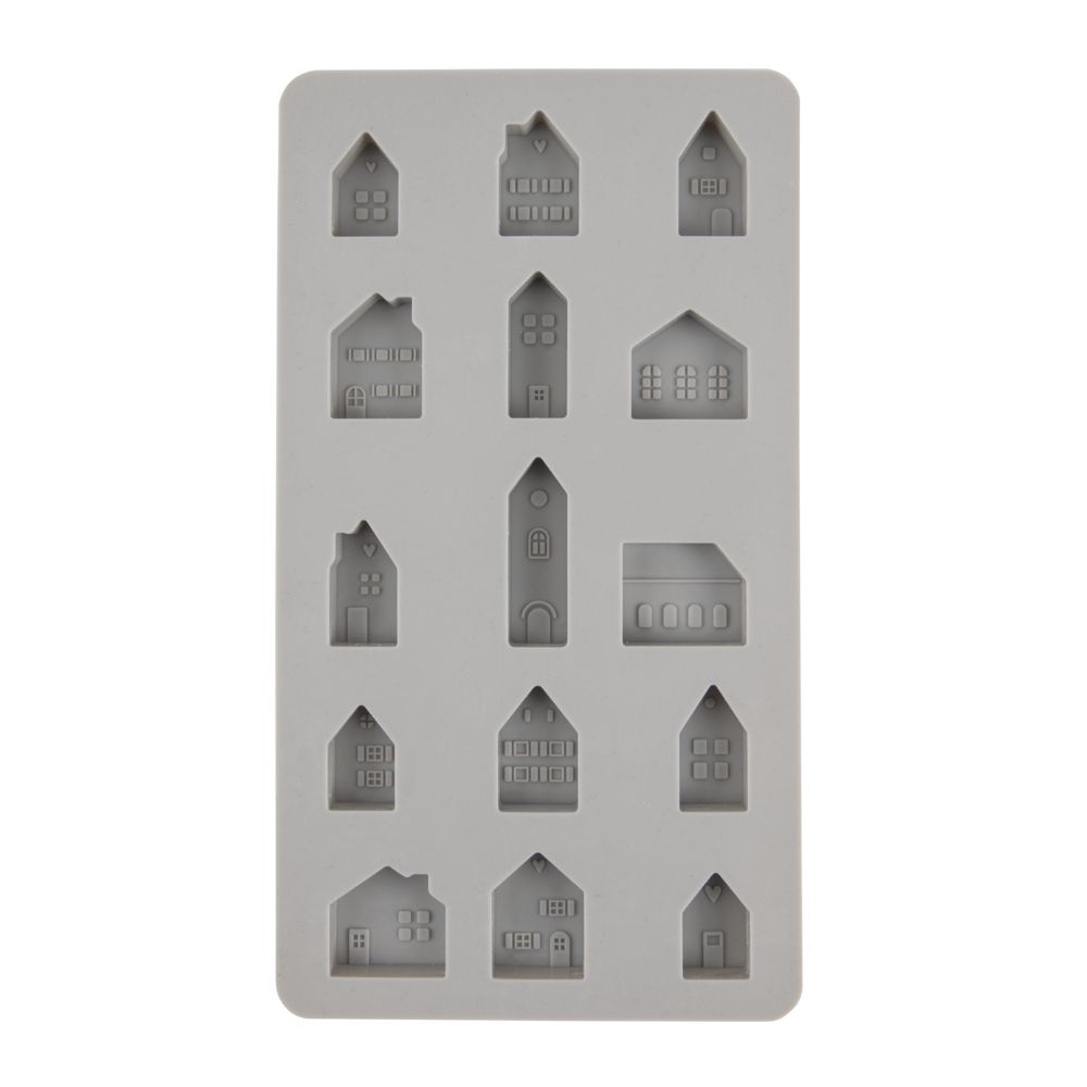 Detailansicht der Silikon Gießform Mini Häuser von easy-sticks, die 15 prächtig gestaltete Mini-Häuschen zeigt, ideal für die Herstellung von Dekorationselementen.