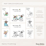 Bunte und schwarz-weiße PDF-Druckvorlage "Hallo Frühling" mit 4 einzigartigen Motiven von Easy-Sticks, ideal für Laternen und Lichtboxen. Die Designs zeigen Frühlingsmotive wie Fahrräder, Gießkanne und Blumen, perfekt für kreative DIY-Projekte und Dekorationen.