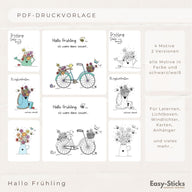 Bunte und schwarz-weiße PDF-Druckvorlage "Hallo Frühling" mit 4 einzigartigen Motiven von Easy-Sticks, ideal für Laternen und Lichtboxen. Die Designs zeigen Frühlingsmotive wie Fahrräder, Gießkanne und Blumen, perfekt für kreative DIY-Projekte und Dekorationen.
