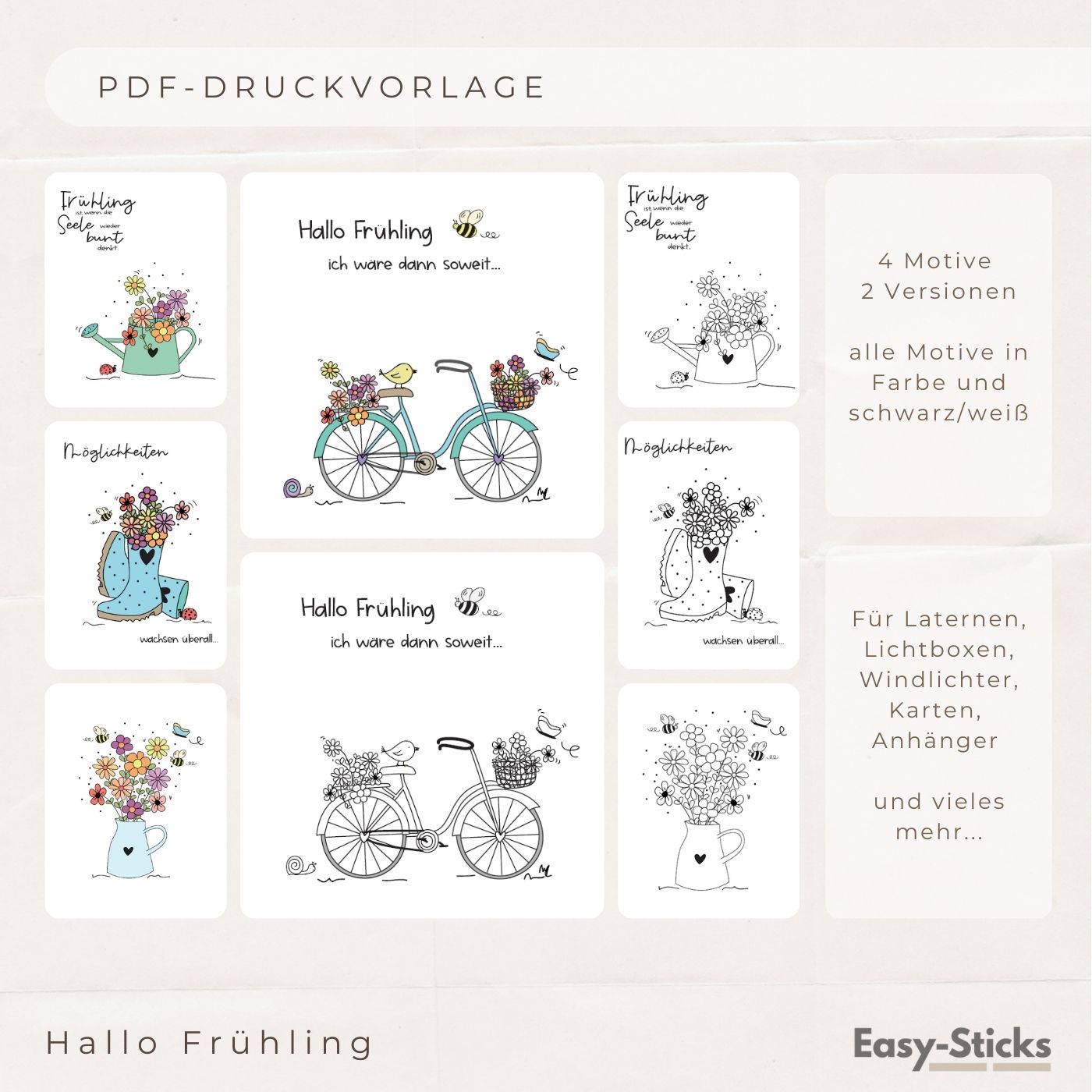 Bunte und schwarz-weiße PDF-Druckvorlage "Hallo Frühling" mit 4 einzigartigen Motiven von Easy-Sticks, ideal für Laternen und Lichtboxen. Die Designs zeigen Frühlingsmotive wie Fahrräder, Gießkanne und Blumen, perfekt für kreative DIY-Projekte und Dekorationen.