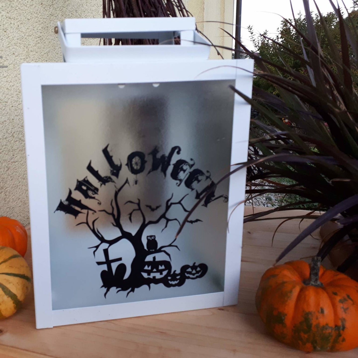 Halloween Plotterdatei Baum Kürbis Eule Kreuz Grab auf Laterne geplottet