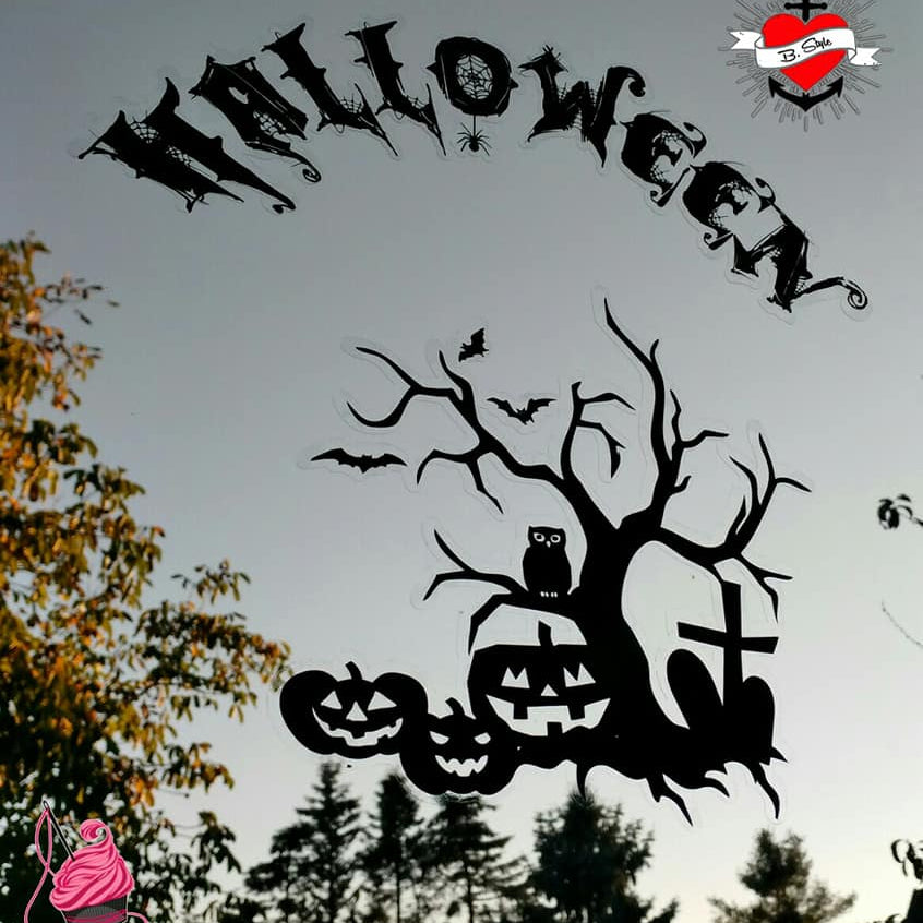 Halloween Plotterdatei Baum Kürbis Eule Kreuz Grab an Fensterscheibe
