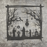 Halloween Silhouette Friedhof von easy-sticks, stilvolle schwarze Ausschneide-Datei mit versteinerten gruseligen Motiven und einem eindrucksvollen, düsteren Hintergrund.