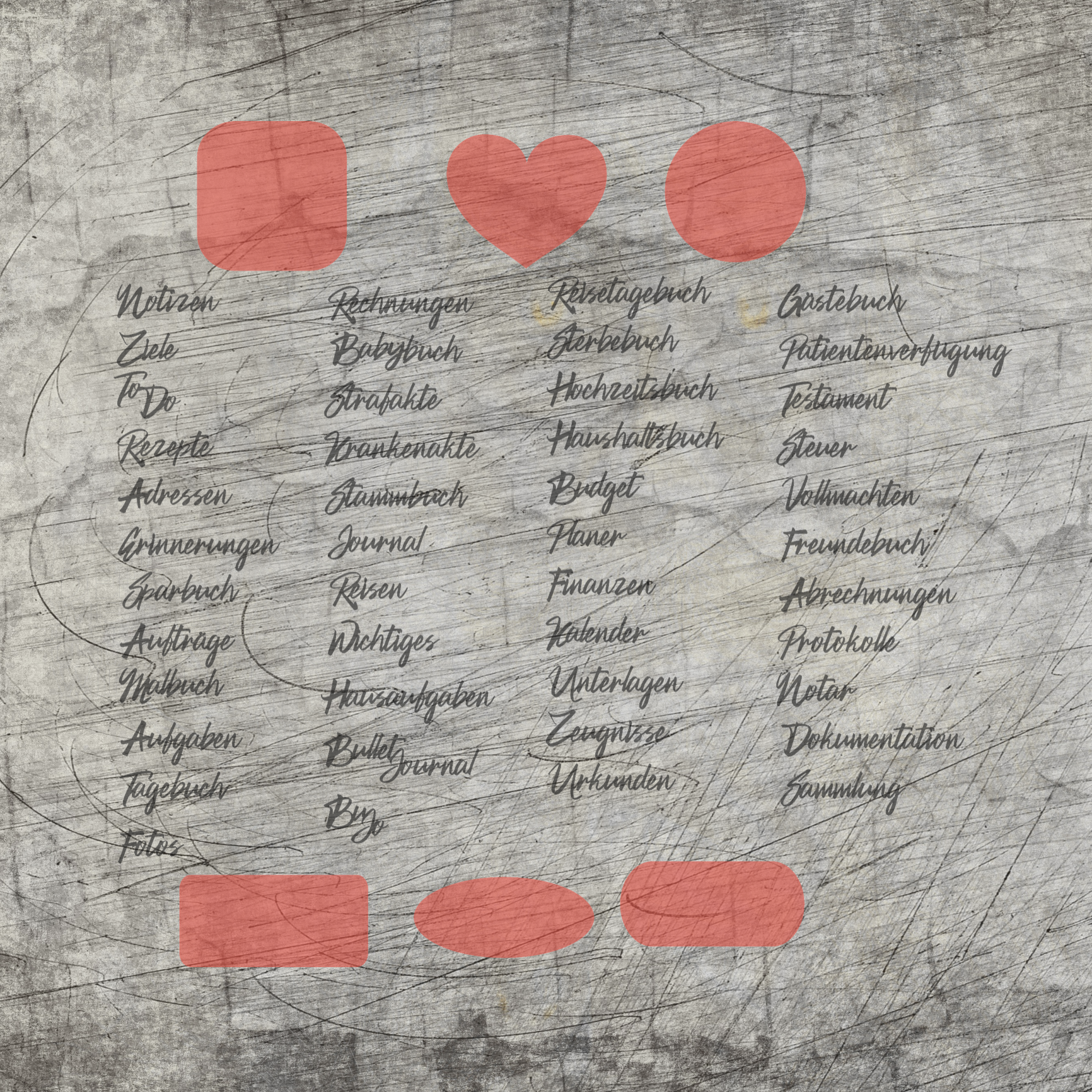 Kreative Plotterdatei "Hefter" von Easy-Sticks zeigt eine stylische Anordnung von Notizen, Notizbüchern und Symbolen auf einem rustikalen Hintergrund, ideal für DIY-Projekte.